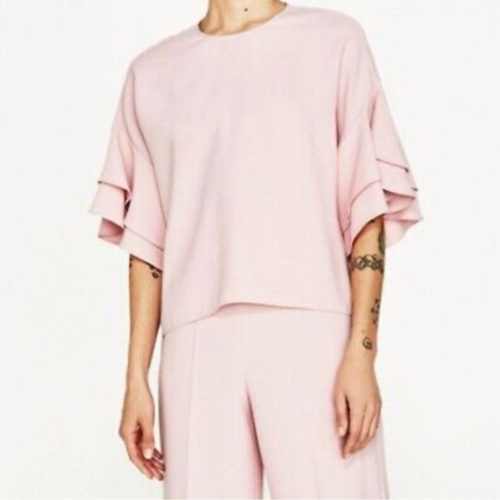 Zara Woman Blouse Size Small Pink Bell Ruffle Sleeve Top Relaxed Fit NWT